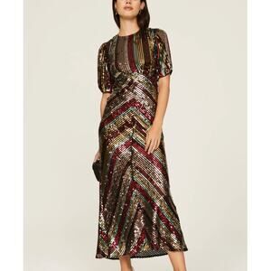 Rixo Rainbow Sequin Midi Dress SIZE 4 Sheath Art Deco Cocktail Designer $565